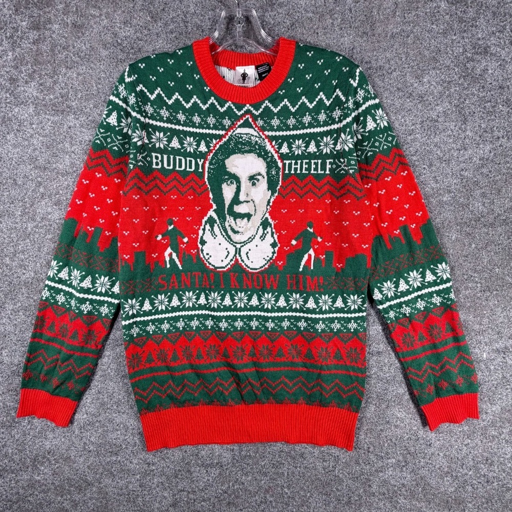 Mad Engine Elf Sweater Mens Small Multicolor Santa! I Know Him Buddy The Graphic
